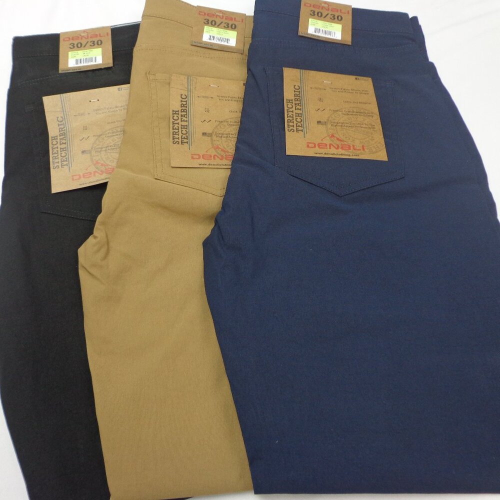 Denali 30-30 Lot of 3 Moccasin Brown Black & Blue Mens Tech Stretch Fabric Pants